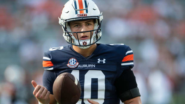 Auburn Tigers quarterback Zach Calzada (10) during warm ups before Auburn Tigers take on Mercer Bears at Jordan-Hare Stadium in Auburn, Ala., on Saturday, Sept. 3, 2022.